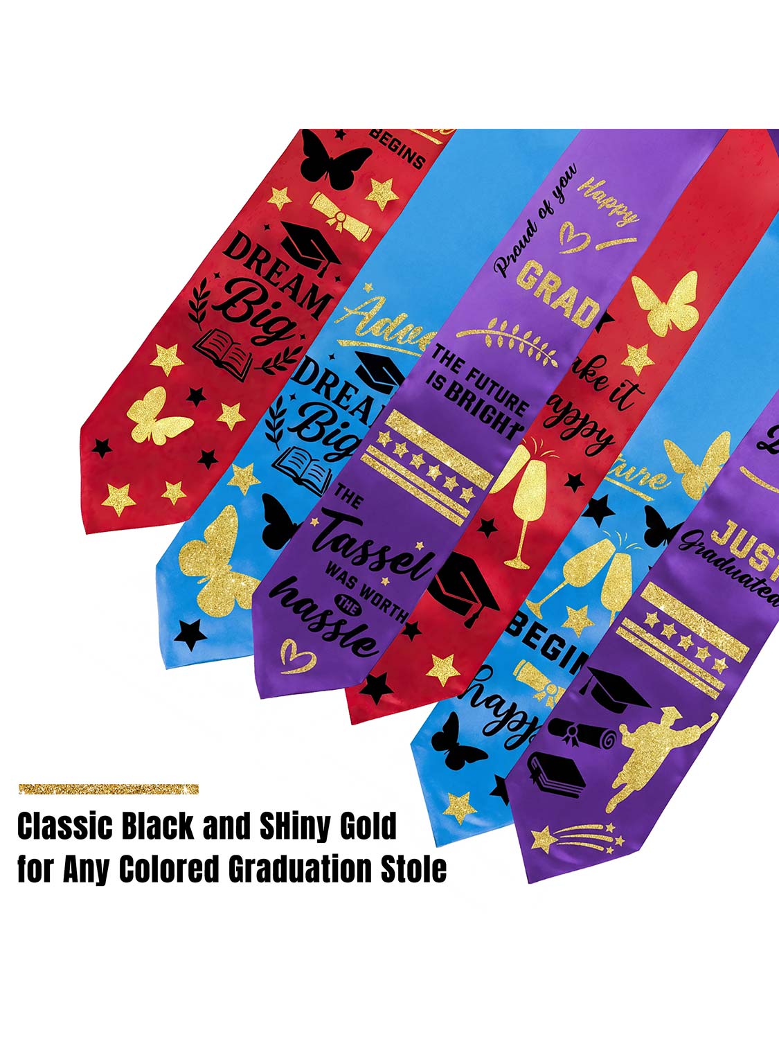 72" Graduation White Stole & Class of 2026 with 9 Sheets Black & Gold Iron-On Heat Transfer Vinyl Stickers Set