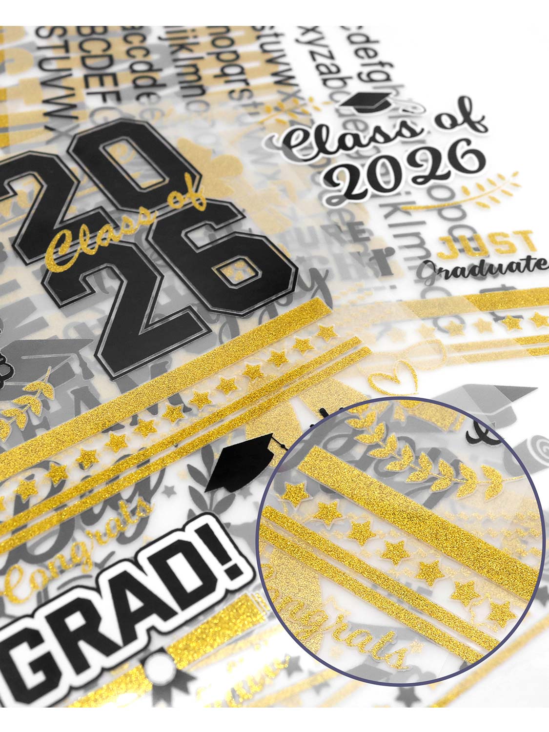 72" Graduation White Stole & Class of 2026 with 9 Sheets Black & Gold Iron-On Heat Transfer Vinyl Stickers Set