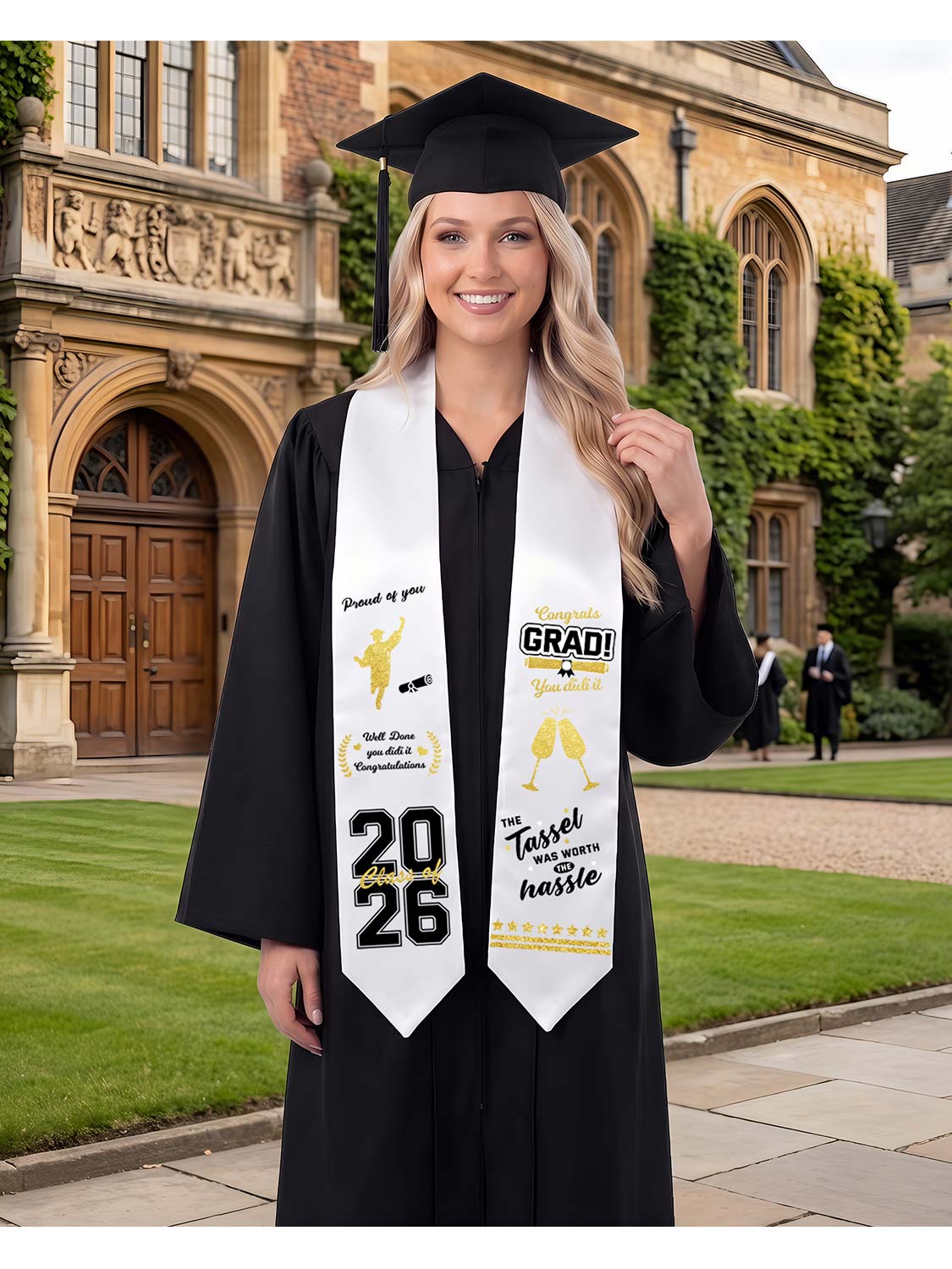 72" Graduation White Stole & Class of 2026 with 9 Sheets Black & Gold Iron-On Heat Transfer Vinyl Stickers Set