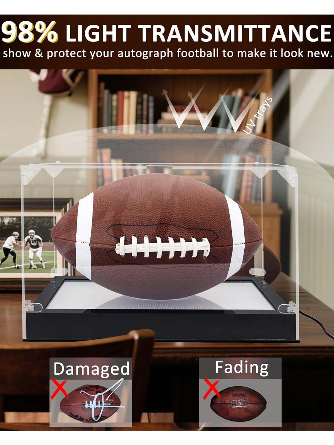 Thickened UV Protection Acrylic Football Display Case Clear with LED Light