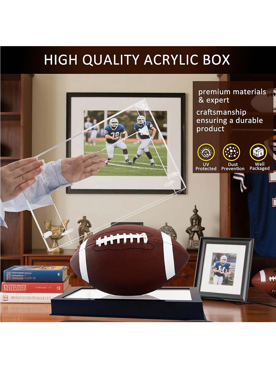 Thickened UV Protection Acrylic Football Display Case Clear with LED Light