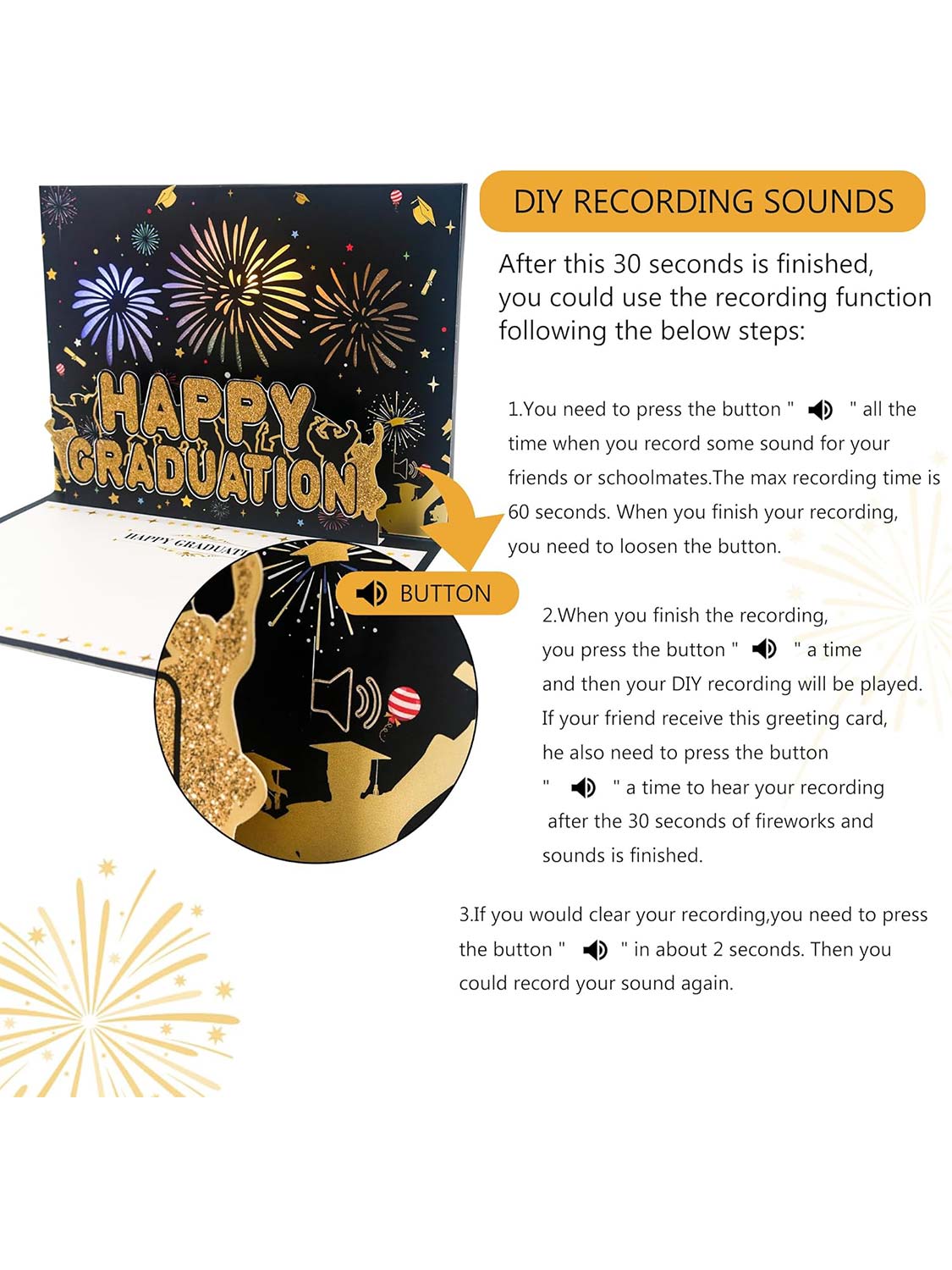 Pop Up Graduation Greeting Card with Fireworks, Cheers, and DIY Recording Sounds