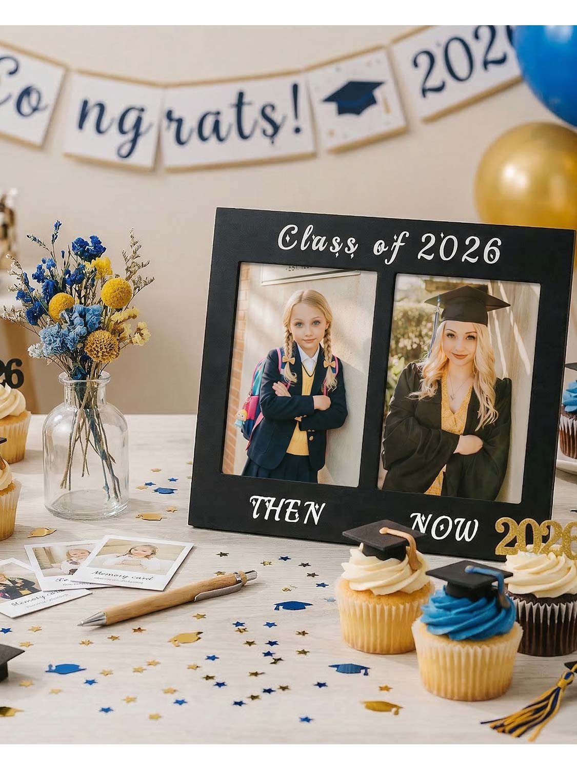 Class of 2026 Double 5x7 Then and Now Wooden Graduation Photo Frame - 2 Styles Available