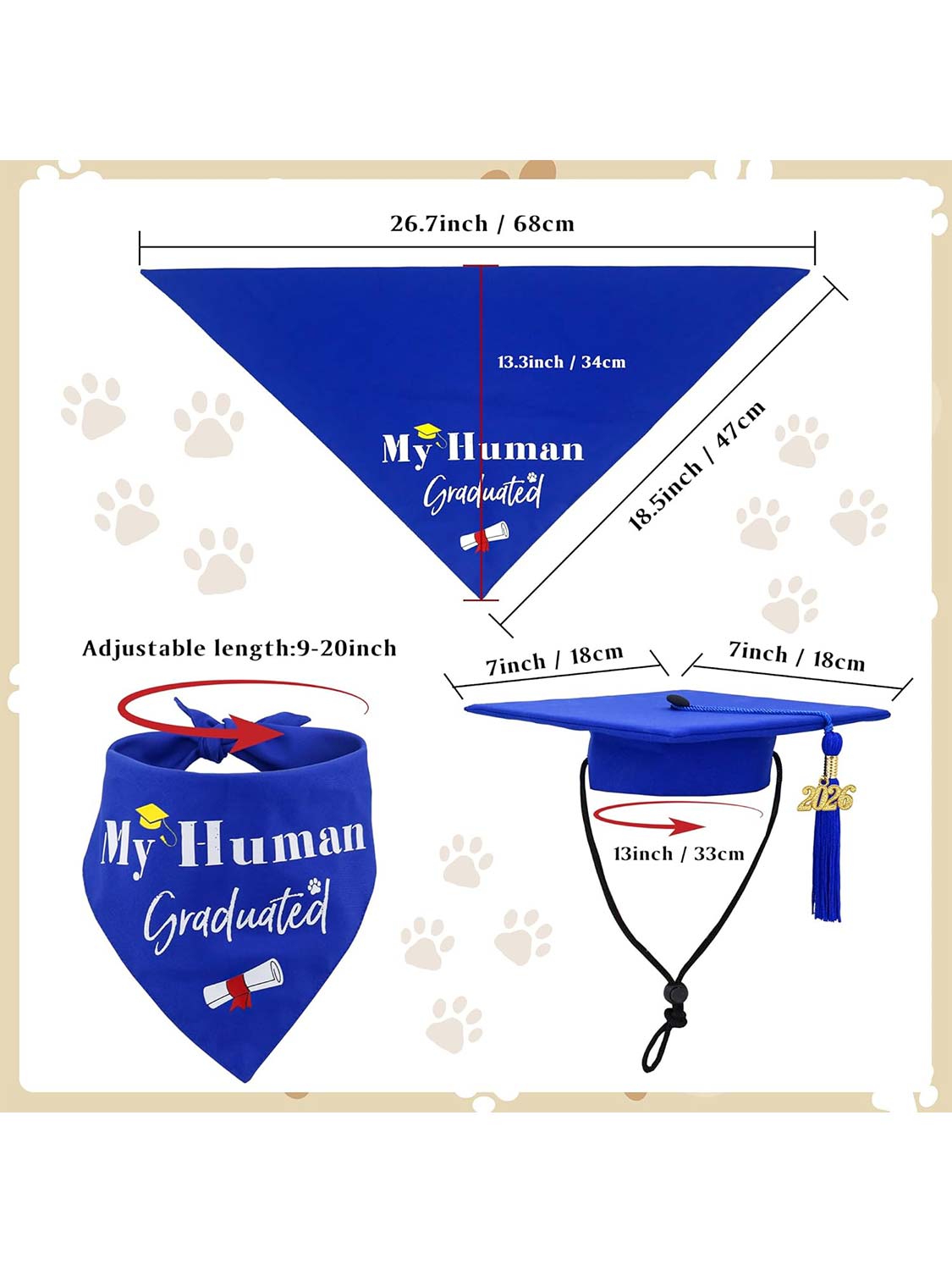 2026 Dog Graduation Cap and Bandana Set with “My Human Graduated” - 2 Colors Available
