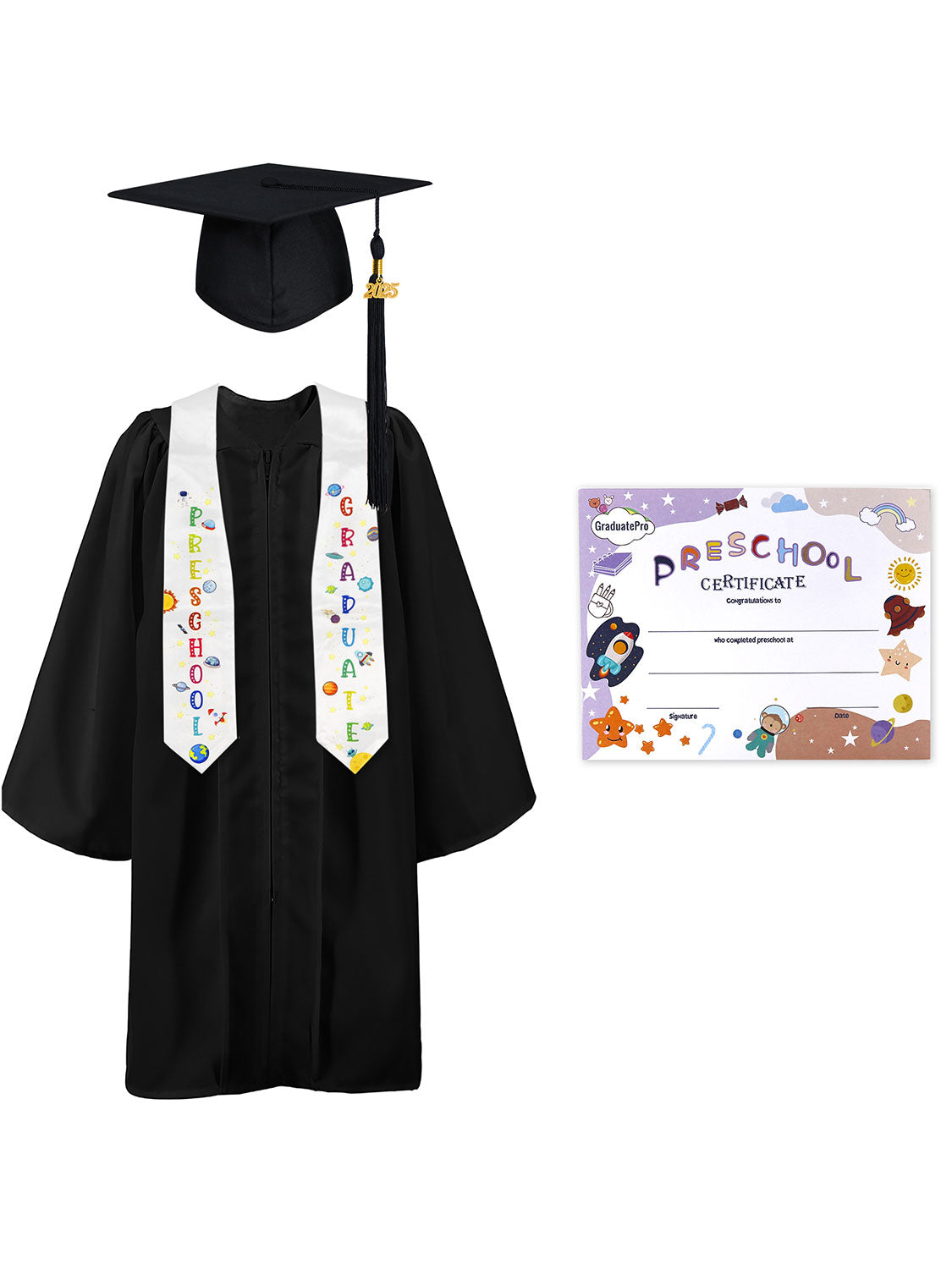 Preschool Graduation Cap and Gown Package with Stole Certificate