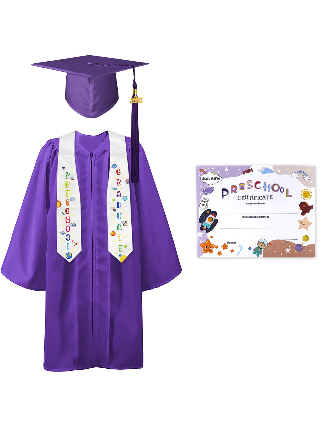 Preschool Graduation Cap and Gown Package with Stole Certificate