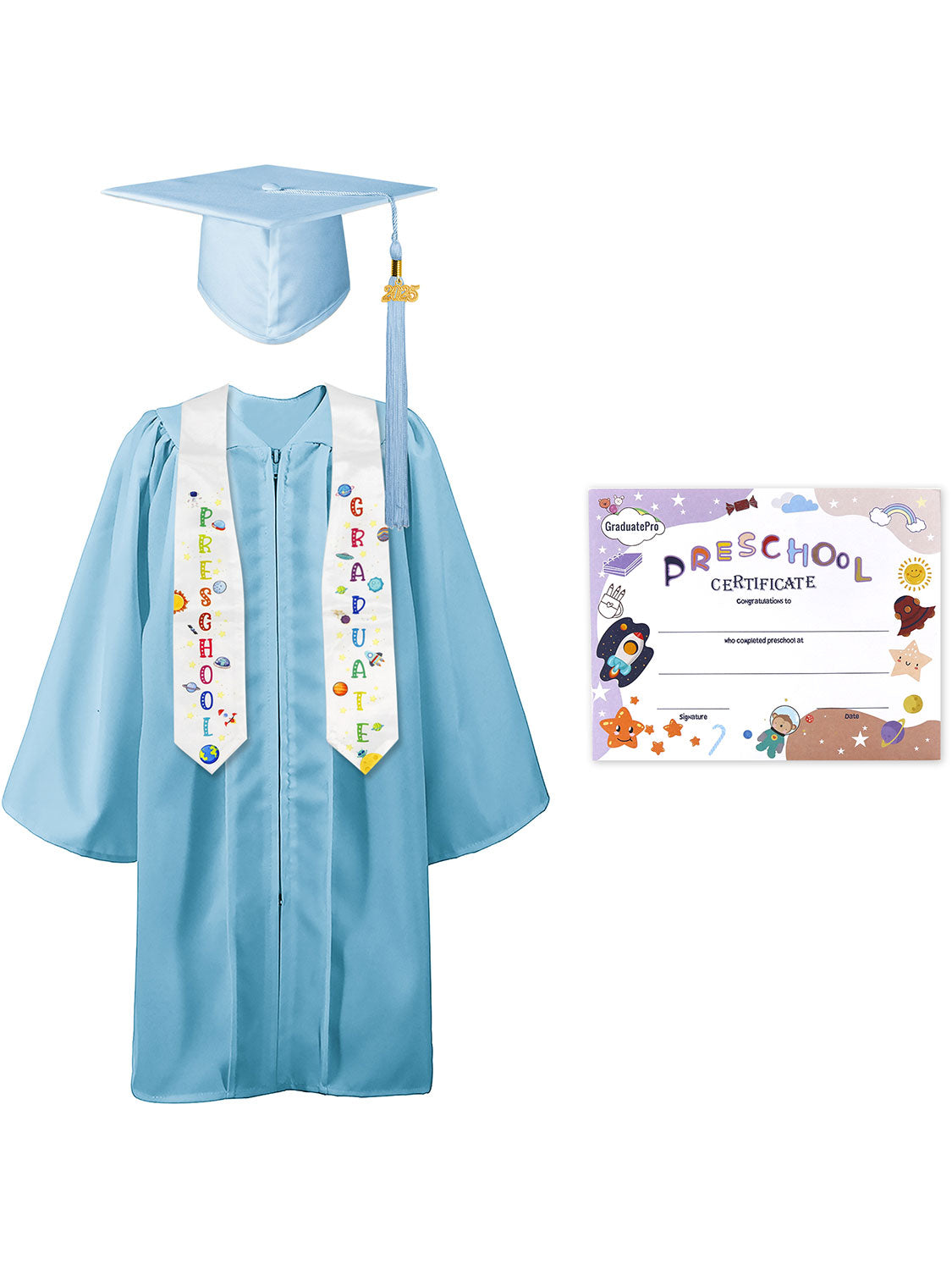 Preschool Graduation Cap and Gown Package with Stole Certificate