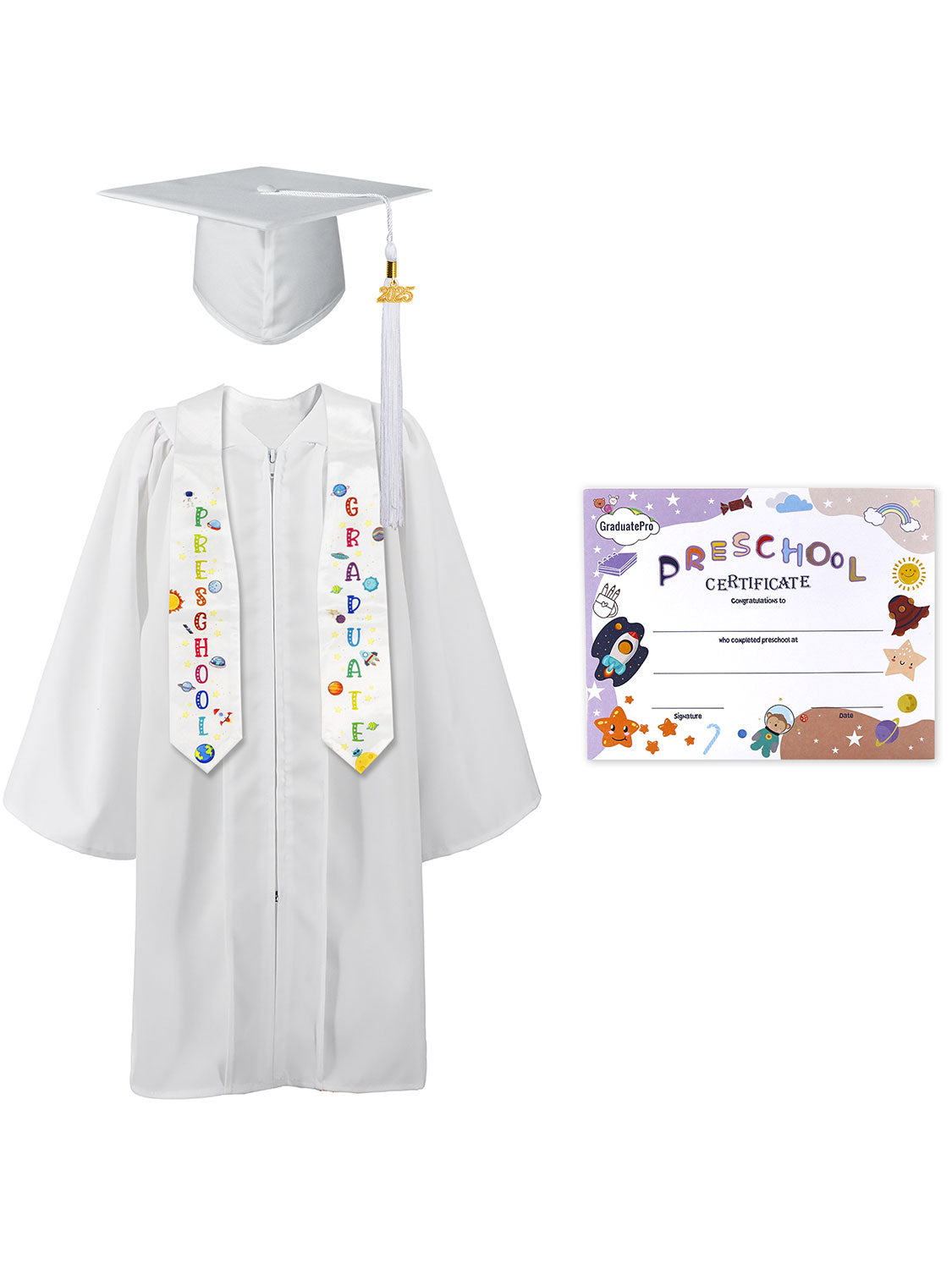 Preschool Graduation Cap and Gown Package with Stole Certificate