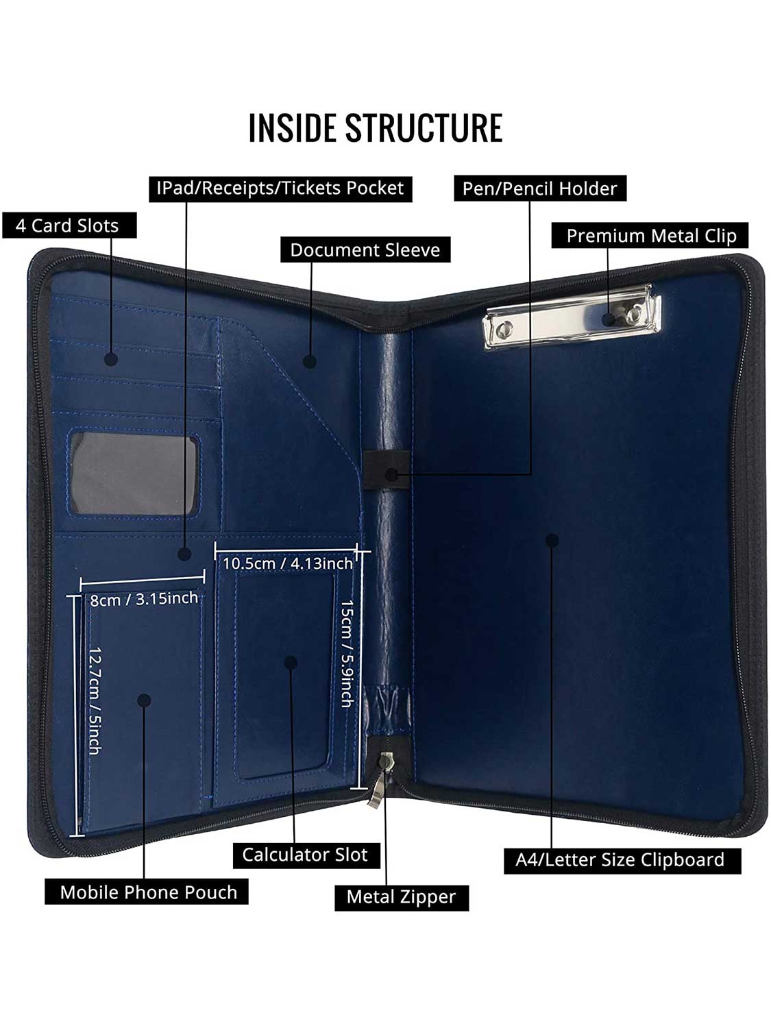 Zippered Leather Business Padfolio Notebook - 3 Colors Available