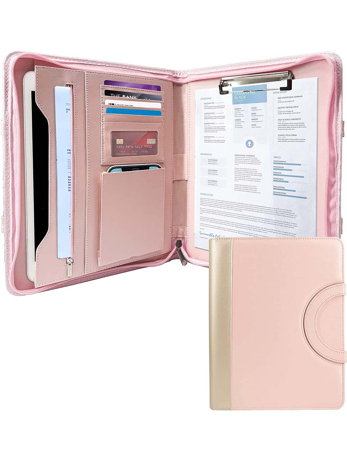 Women Zippered Leather Padfolio Portfolio with Hidden Handle - Pink