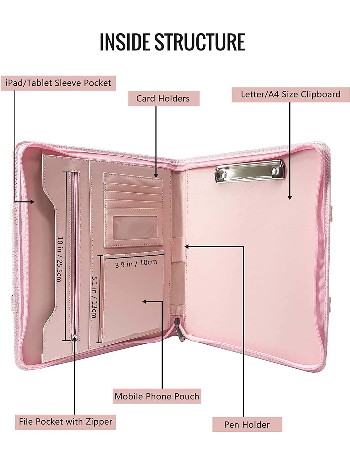 Women Zippered Leather Padfolio Portfolio with Hidden Handle - Pink