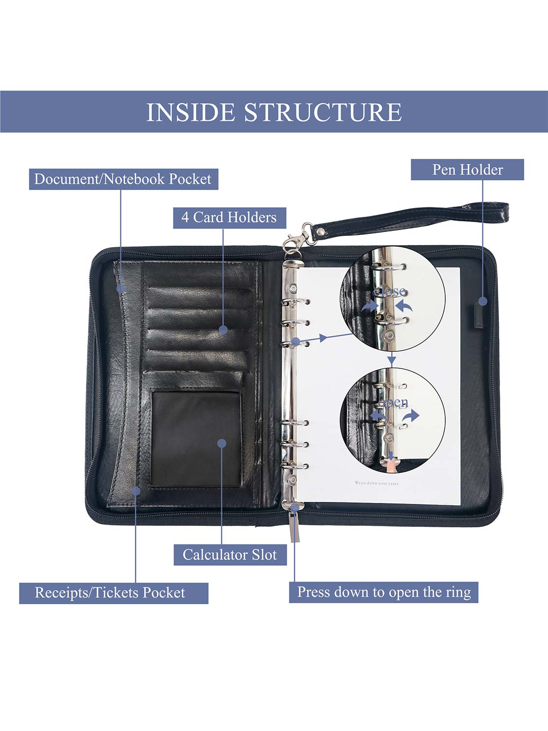 Zippered Leather Business Padfolio Portfolio with A5 Size Binder Paper– 3 Colors Available