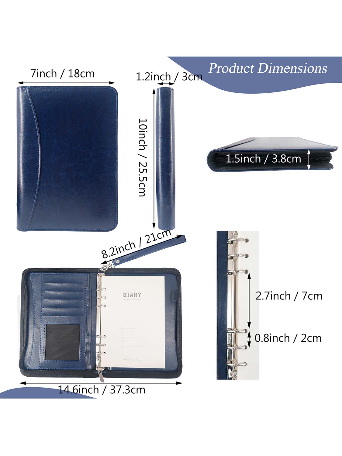 Zippered Leather Business Padfolio Portfolio with A5 Size Binder Paper– 3 Colors Available