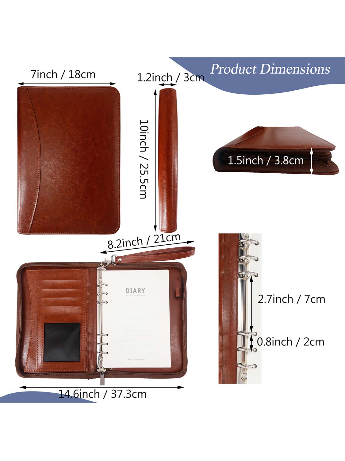 Zippered Leather Business Padfolio Portfolio with A5 Size Binder Paper– 3 Colors Available