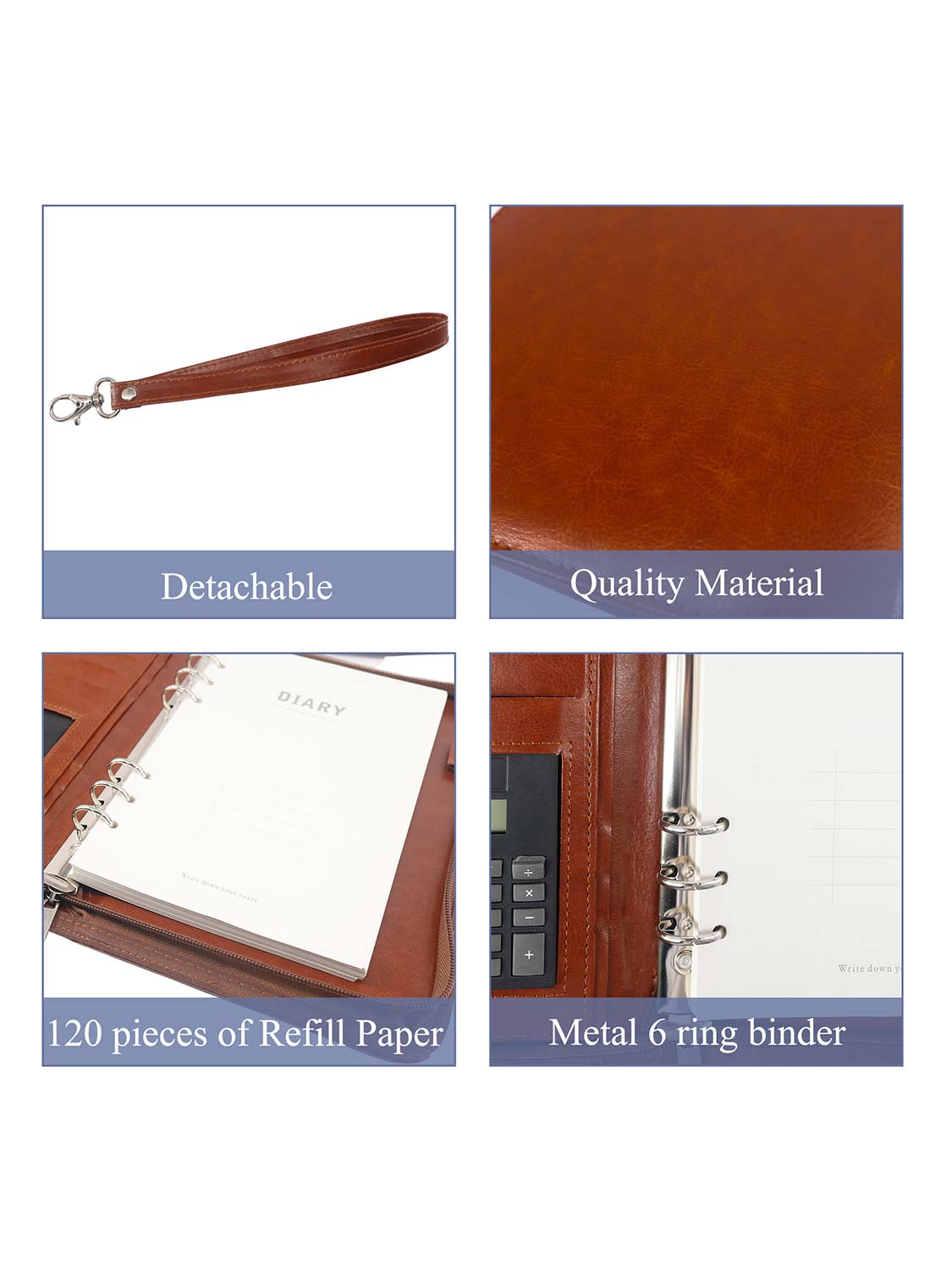 Zippered Leather Business Padfolio Portfolio with A5 Size Binder Paper– 3 Colors Available