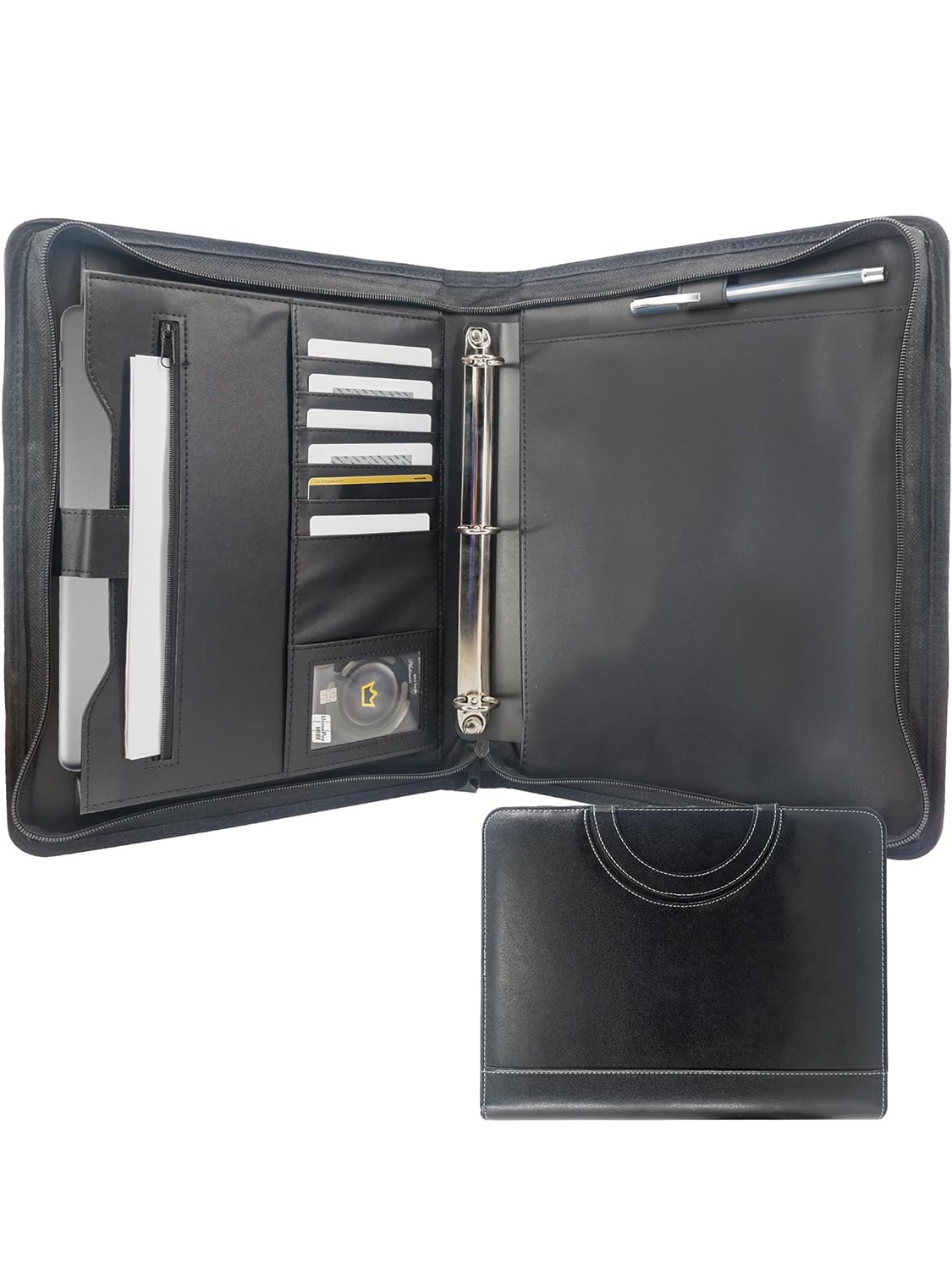 Black Zippered Faux Leather Portfolios Padfolio Binder with Hidden Handle