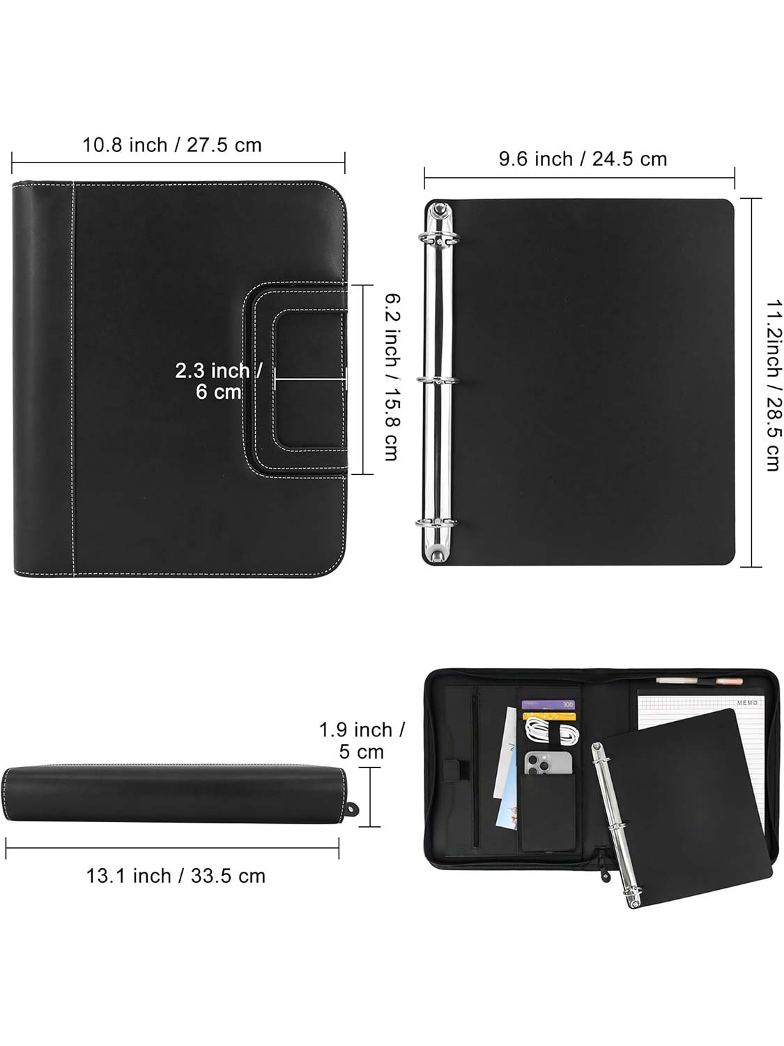 Zippered Faux Leather Portfolio with Handles and Removable Ring Binder