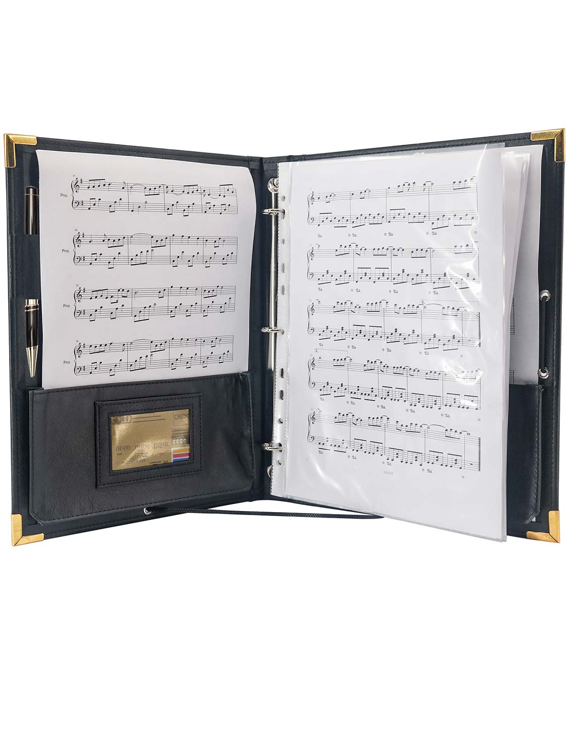 Black PU Leather 3 Rings Binder Music Choir Folder with Hand Strap