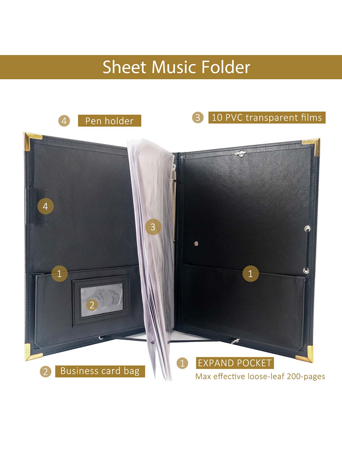 Black PU Leather 3 Rings Binder Music Choir Folder with Hand Strap