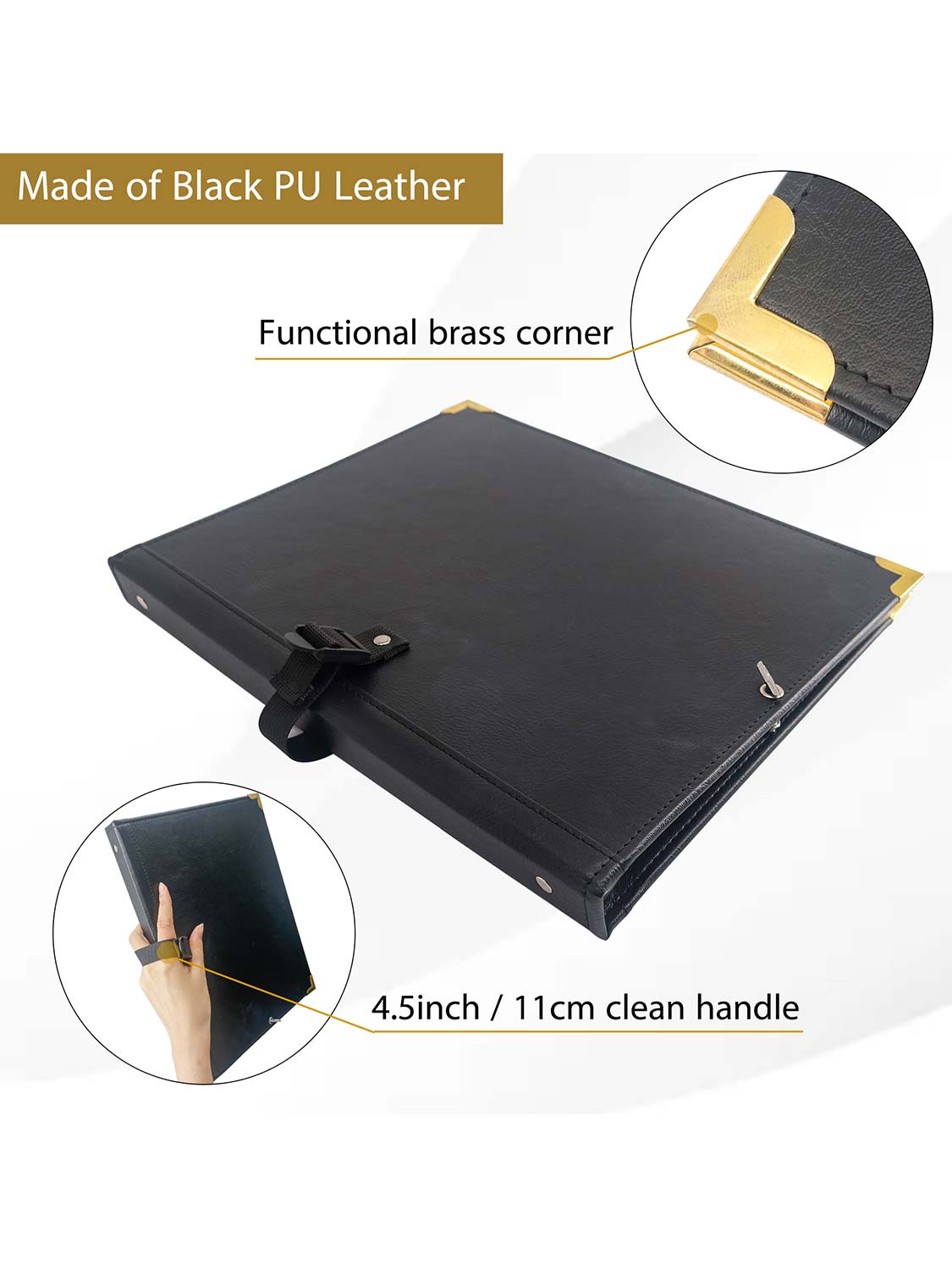 Black PU Leather 3 Rings Binder Music Choir Folder with Hand Strap