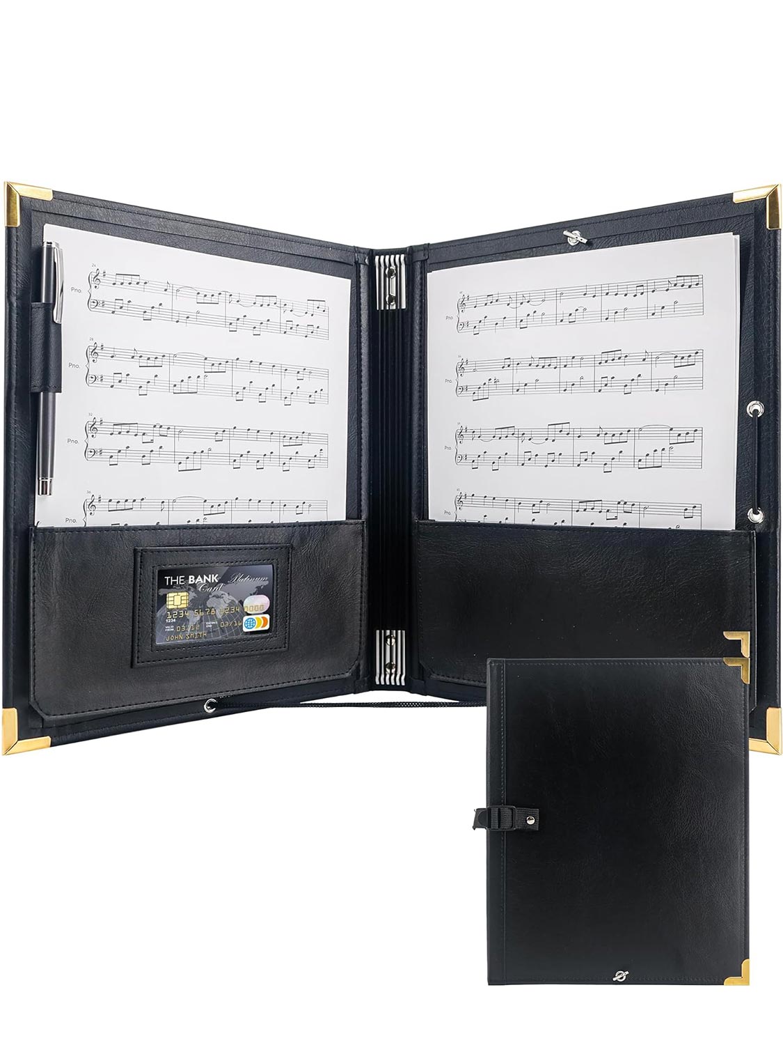 Black PU Leather Elastic Band Music Choir Folder with Hand Strap