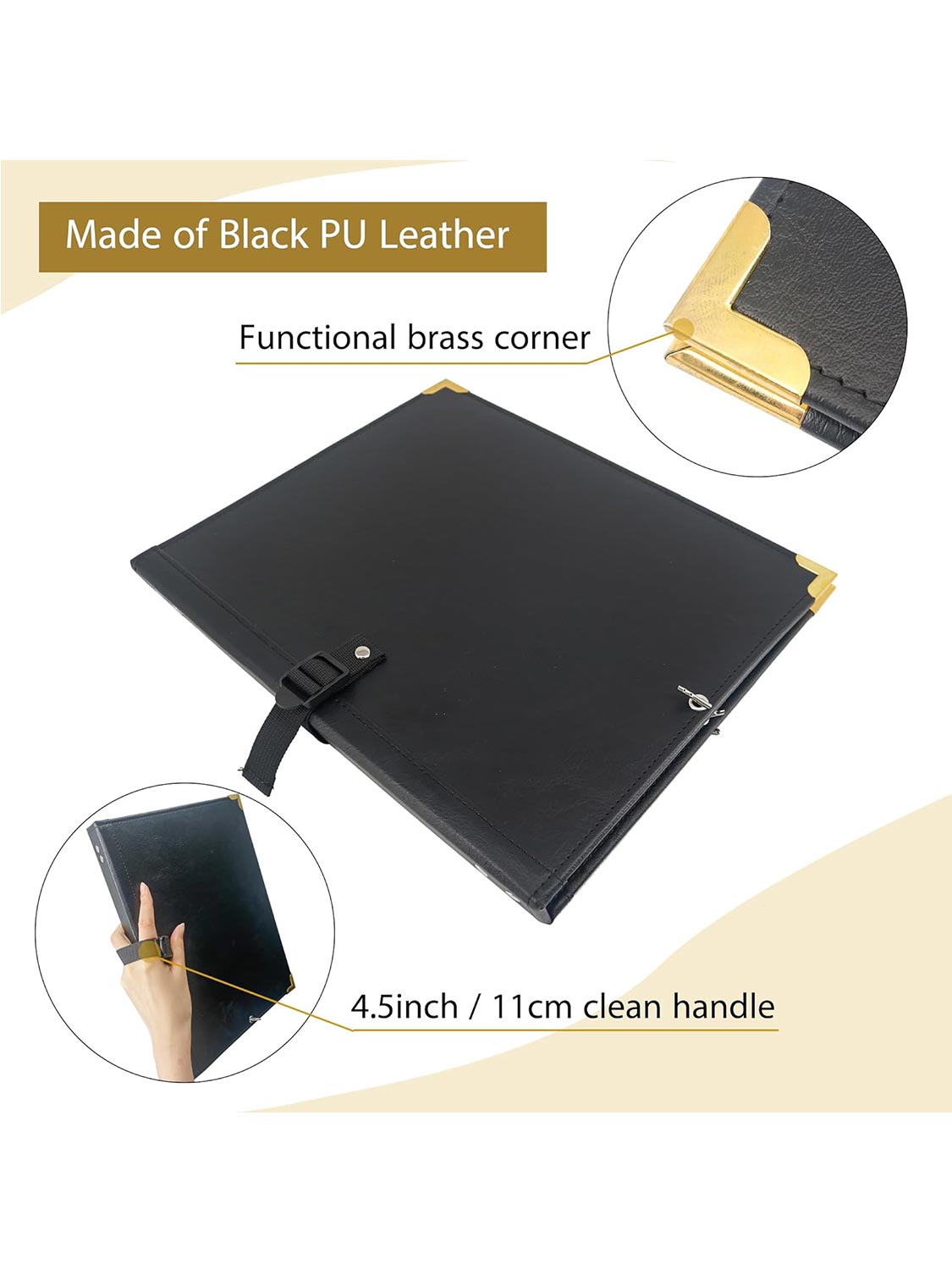 Black PU Leather Elastic Band Music Choir Folder with Hand Strap