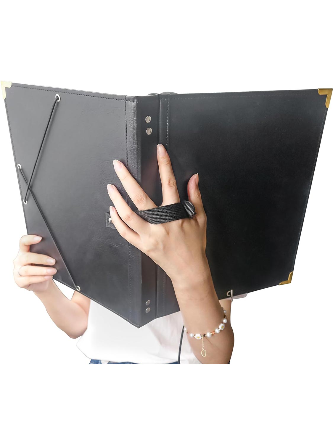 Floder Hand Black PU Leather Elastic Band Music Choir Folder with Hand Strap