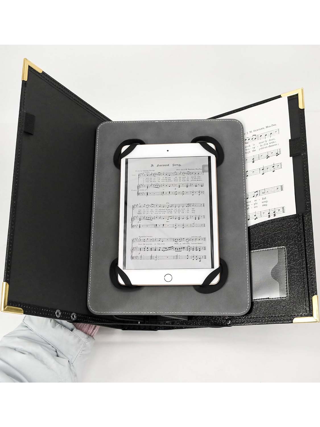 Black PU Leather Elastic Band Music Choir Folder with Tablet Digital Music and Hand Strap