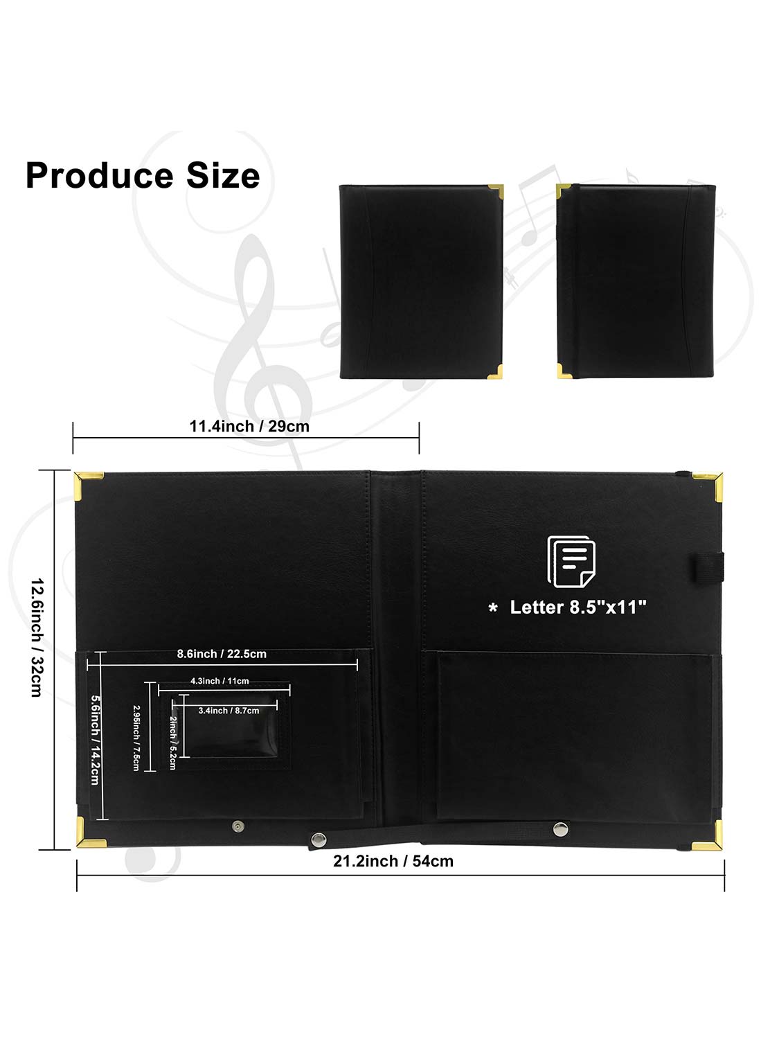 Black Leatherette Deluxe Padded Elastic Band Music Folder with Brass Corners