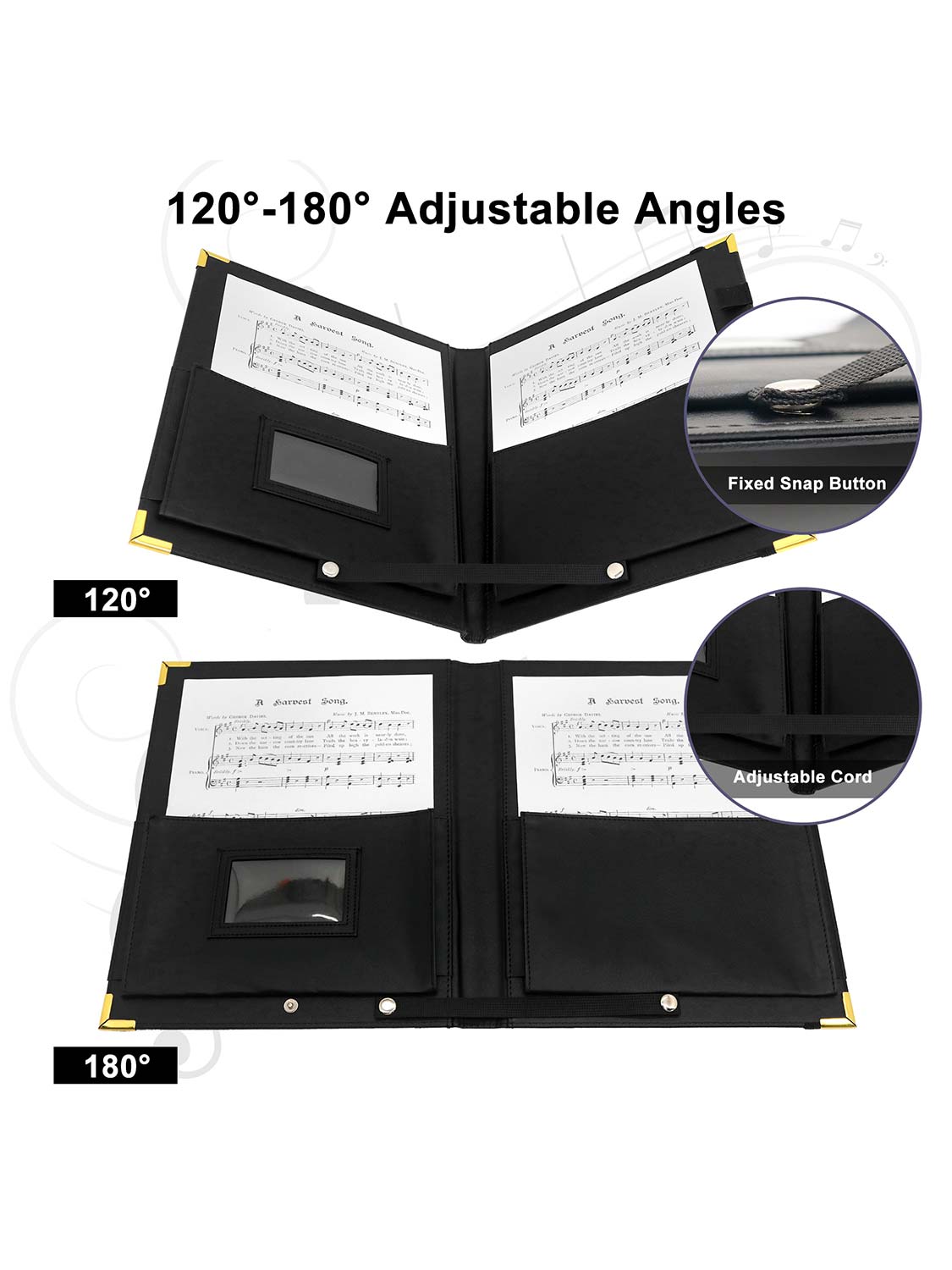 Black Leatherette Deluxe Padded Elastic Band Music Folder with Brass Corners