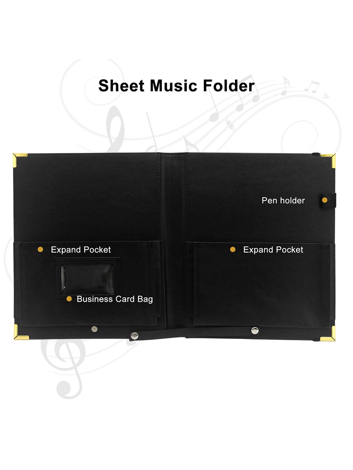 Black Leatherette Deluxe Padded Elastic Band Music Folder with Brass Corners