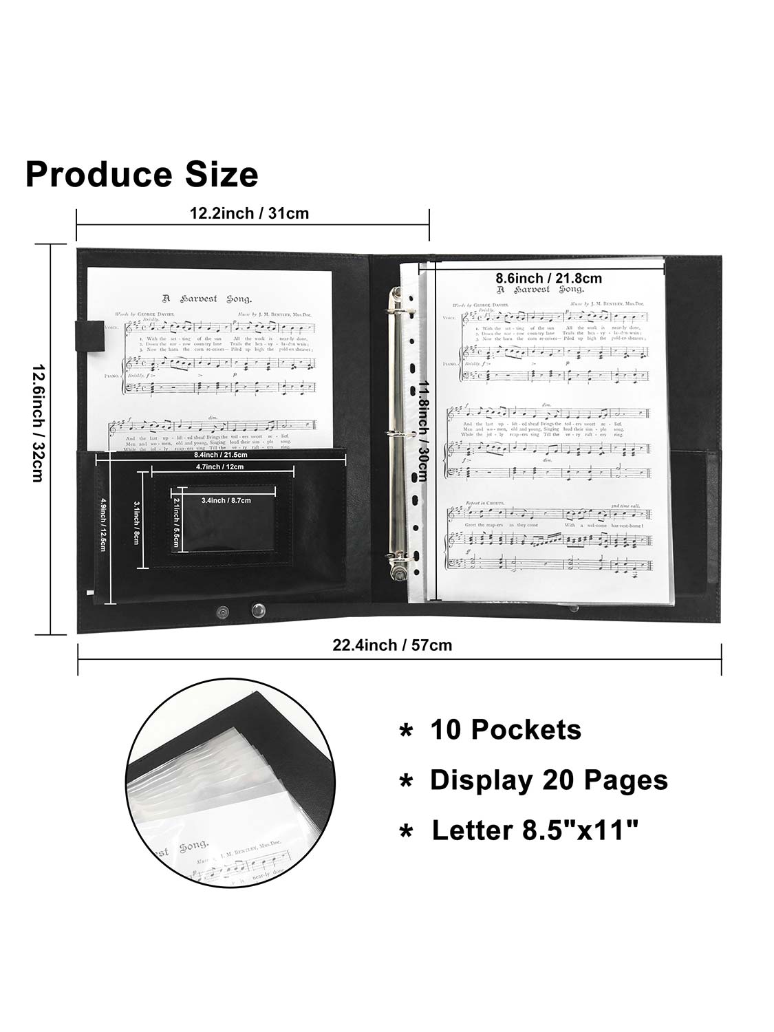 Black Leatherette Large Capacity Elastic Band Sheet Music Folder with Hand Strap 3 Rings Binder