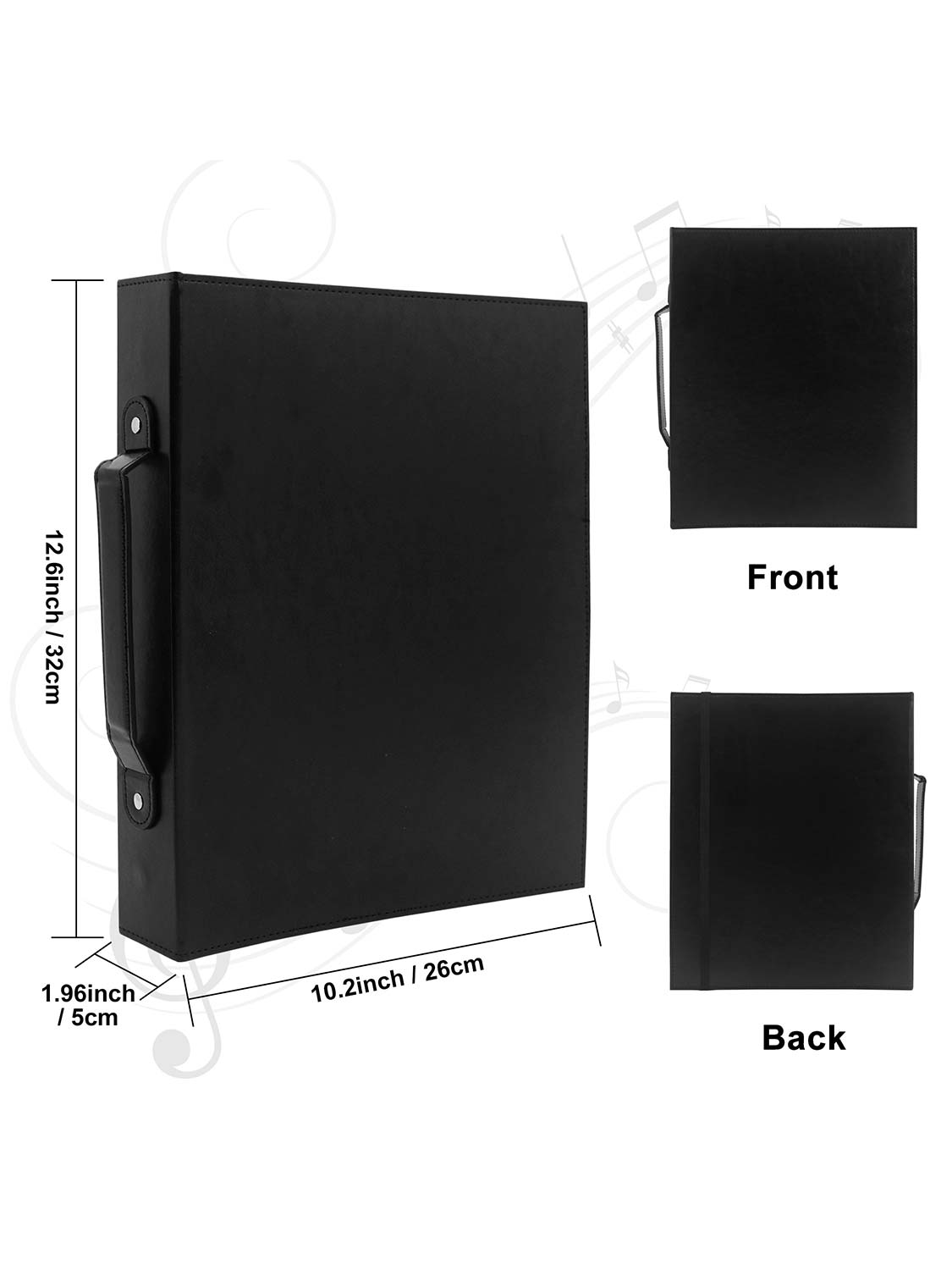 Black Leatherette Large Capacity Elastic Band Sheet Music Folder with Hand Strap 3 Rings Binder