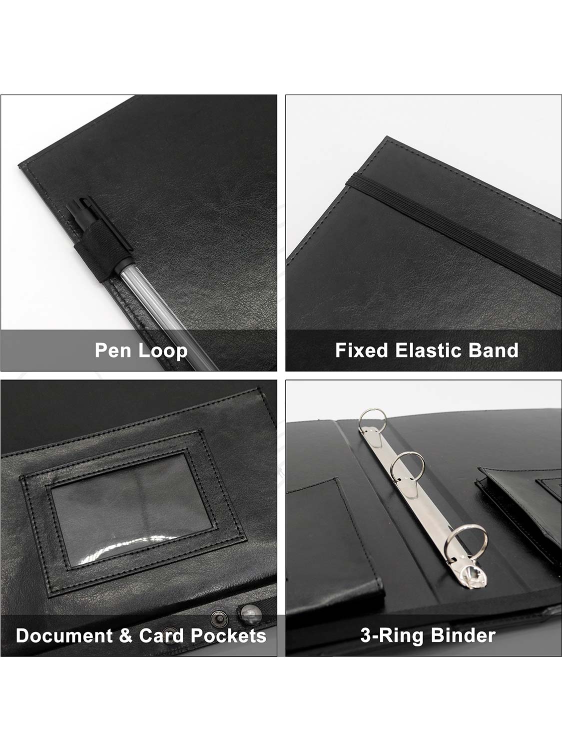 Black Leatherette Large Capacity Elastic Band Sheet Music Folder with Hand Strap 3 Rings Binder