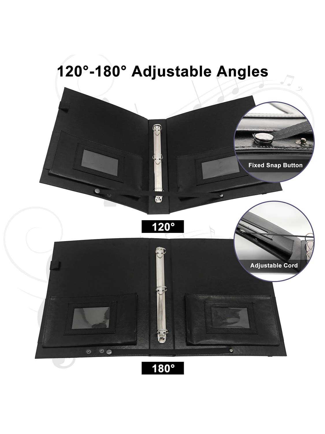 Black Leatherette Large Capacity Elastic Band Sheet Music Folder with Hand Strap 3 Rings Binder