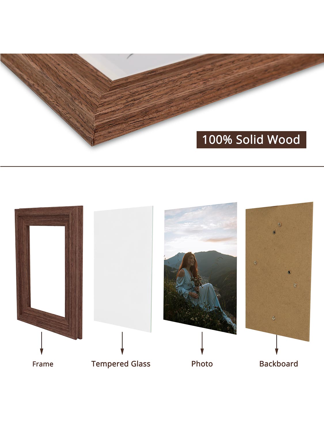 Solid Wood Picture Frame with Real Glass Set of 2 - Various Colors & Sizes Available