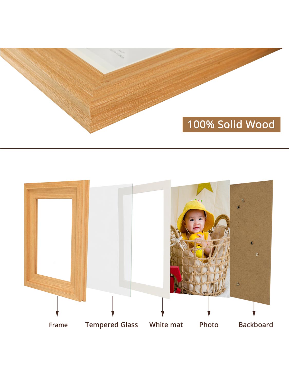 Solid Wood Picture Frame with Real Glass Set of 2 - Various Colors & Sizes Available