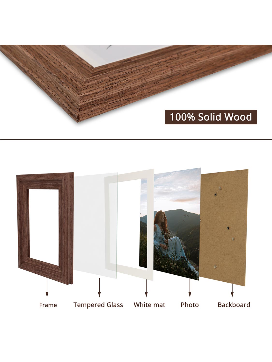 Solid Wood Picture Frame with Real Glass Set of 2 - Various Colors & Sizes Available