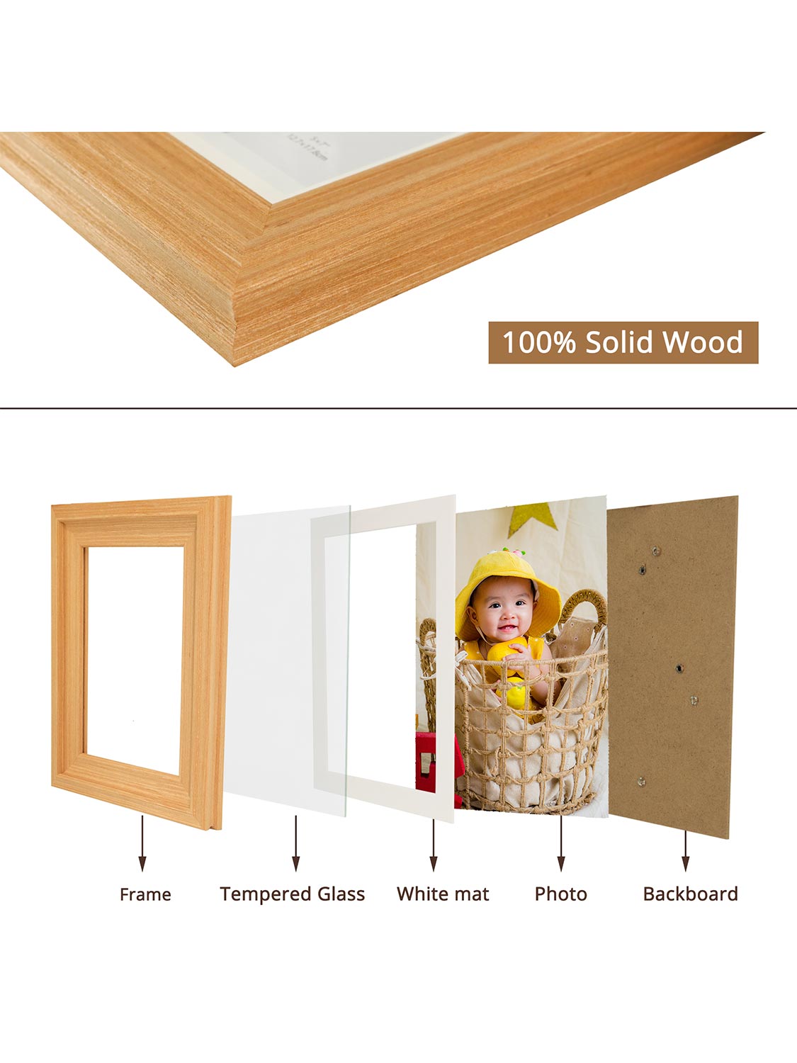 Solid Wood Picture Frame with Real Glass Set of 2 - Various Colors & Sizes Available