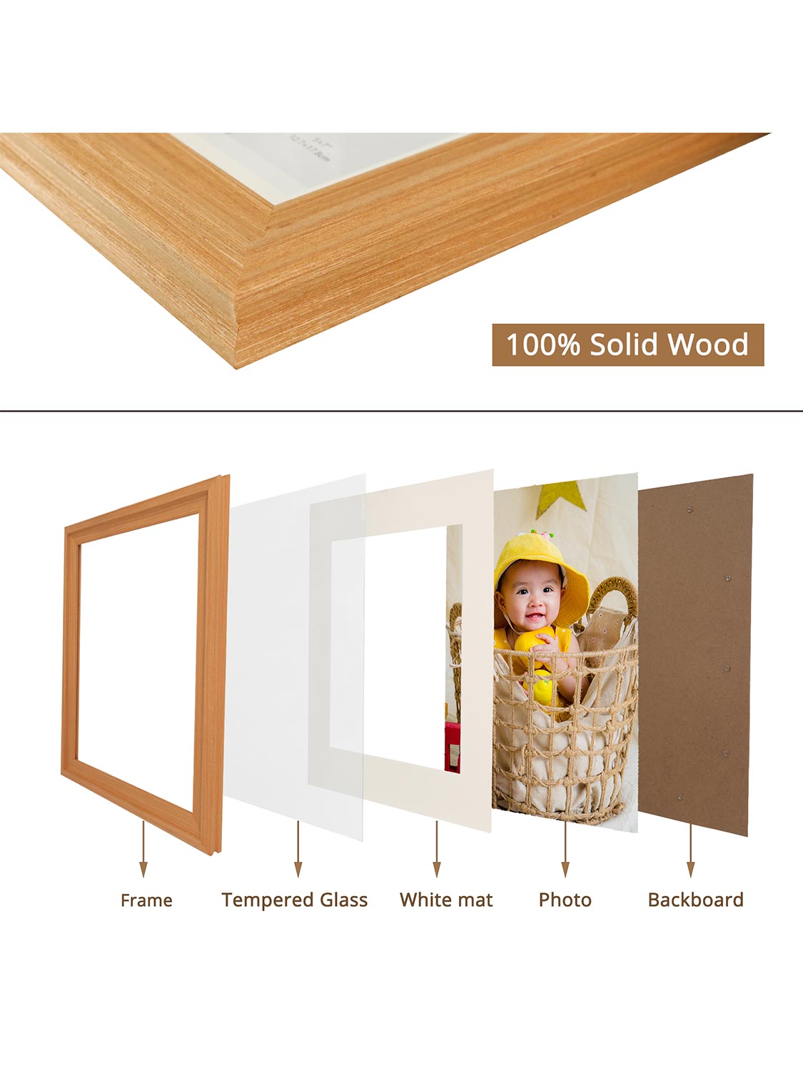 Solid Wood Picture Frame with Real Glass Set of 2 - Various Colors & Sizes Available