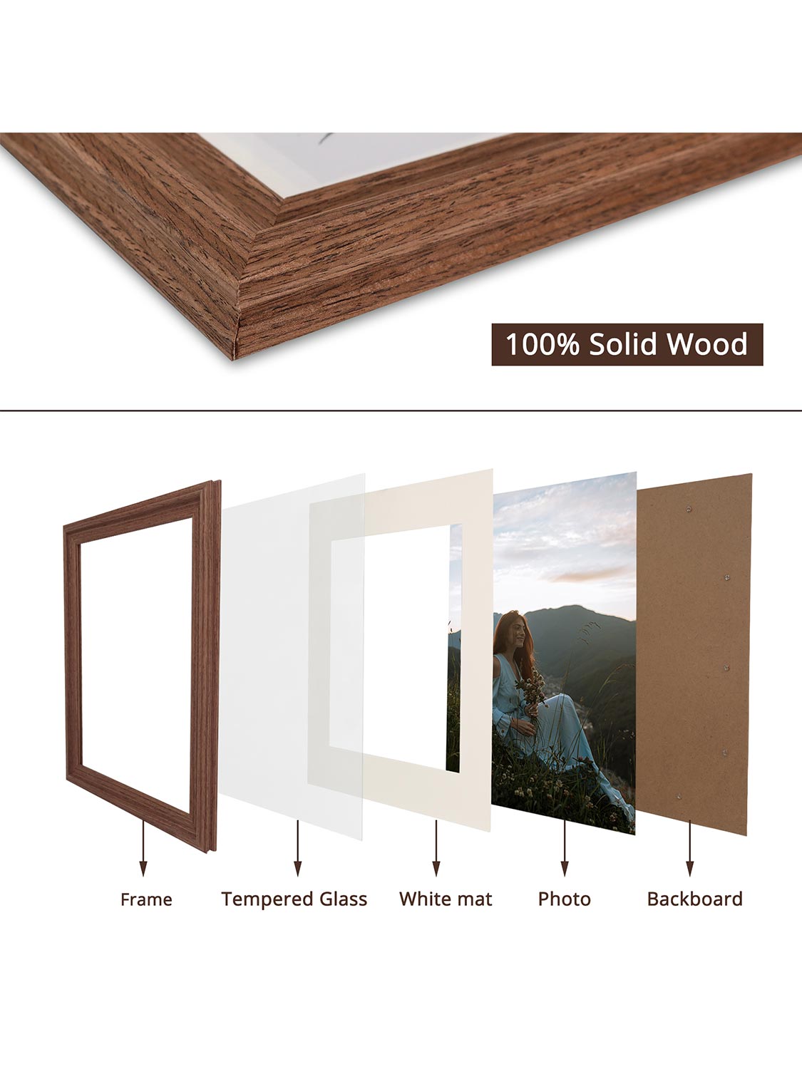 Solid Wood Picture Frame with Real Glass Set of 2 - Various Colors & Sizes Available