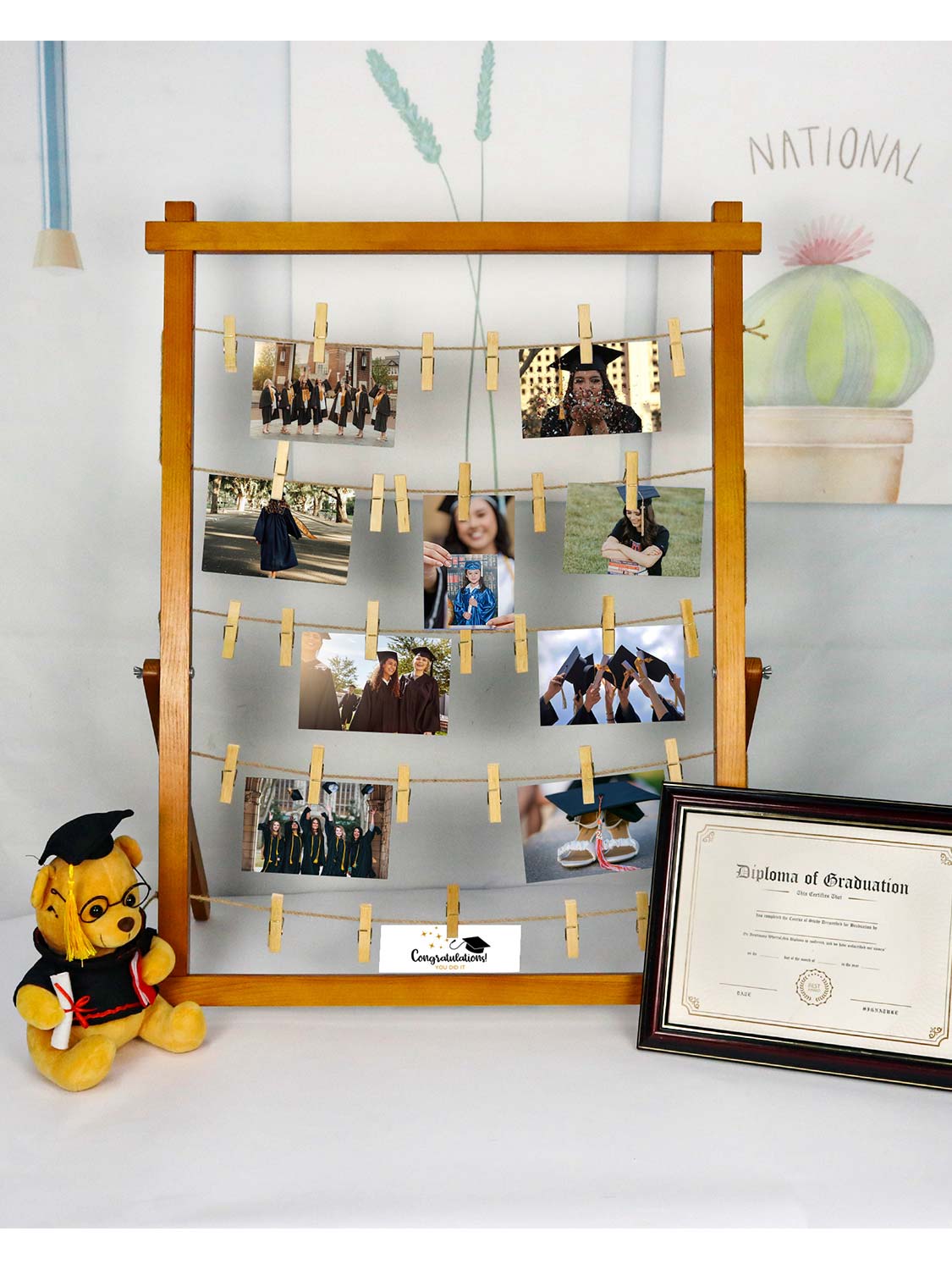 33*25 Freestanding Wood Photo Display Board with Clips - 4 Colors Available
