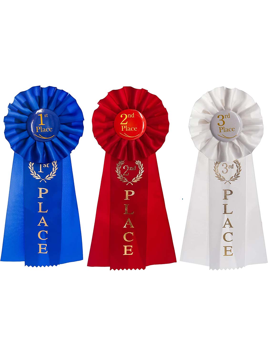 Blue, Red, White Award Ribbons Rosette for Classroom Prizes Winner Grand First Second and Third Place (3 Pieces)