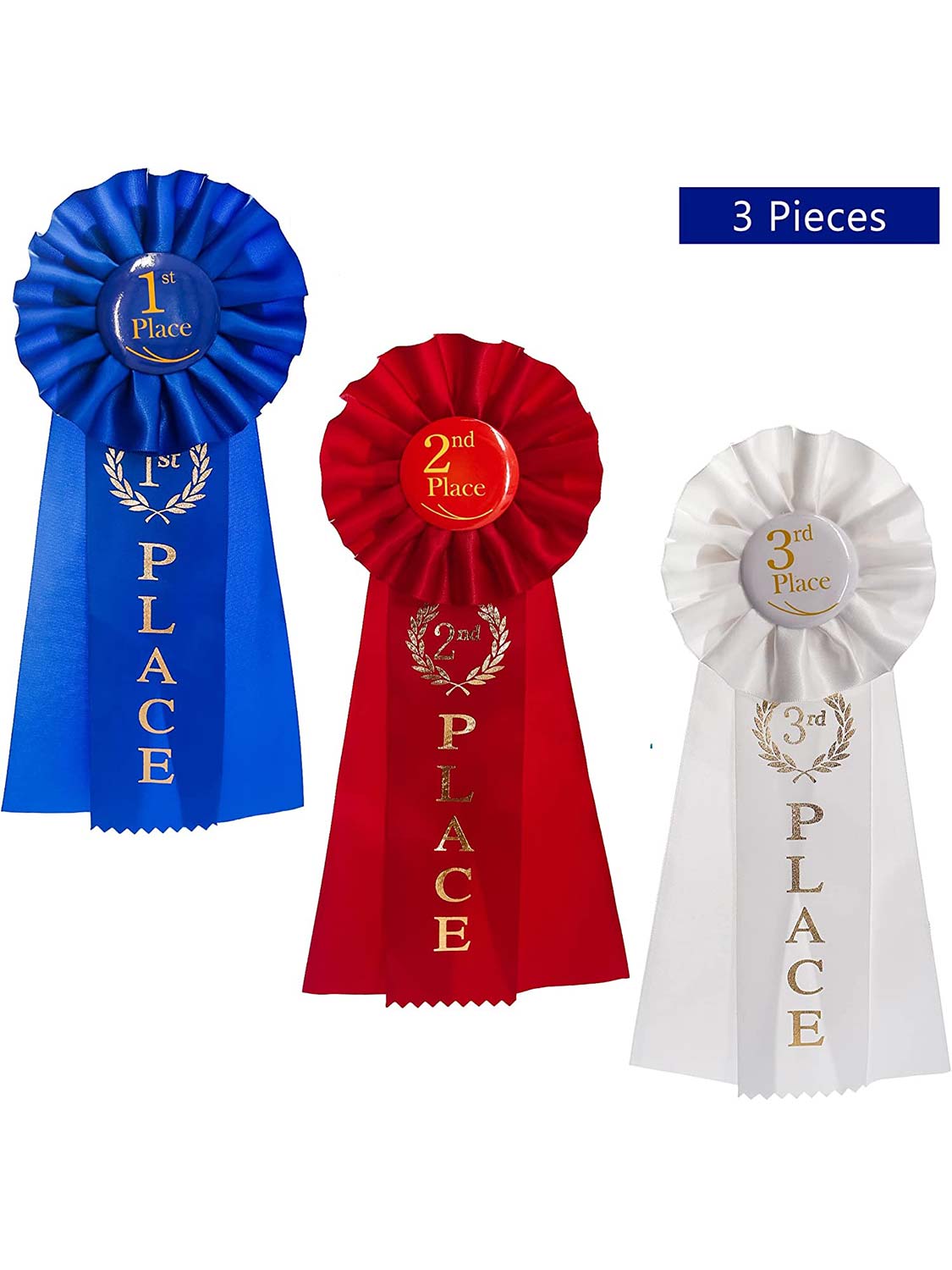 Blue, Red, White Award Ribbons Rosette for Classroom Prizes Winner Grand First Second and Third Place (3 Pieces)