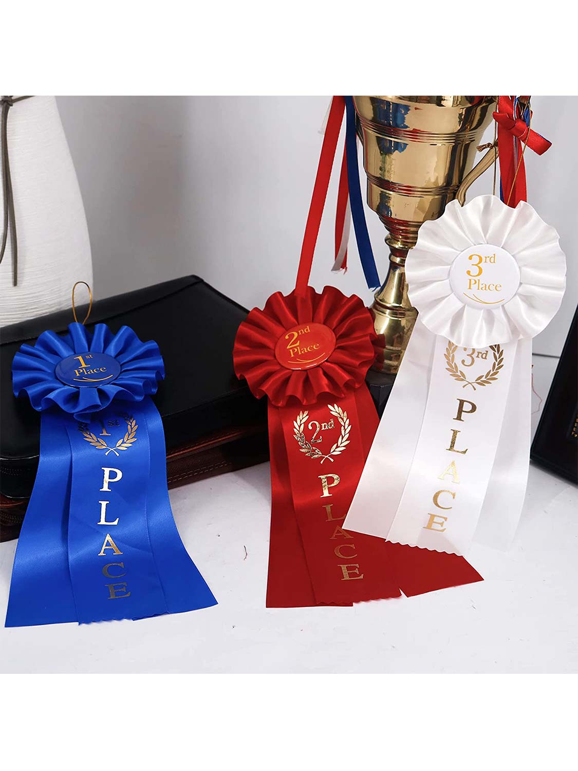 Blue, Red, White Award Ribbons Rosette for Classroom Prizes Winner Grand First Second and Third Place (3 Pieces)