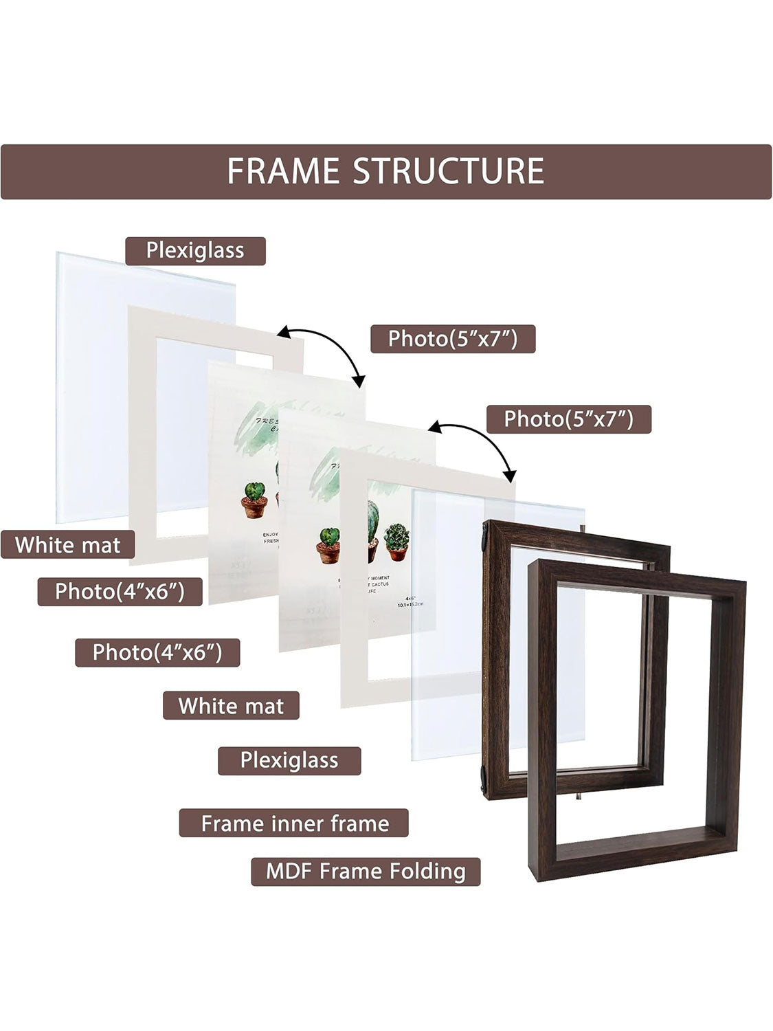 Brown Rotating Floating Double-Sided Glass for Tabletop Display Picture Frame Set of 2