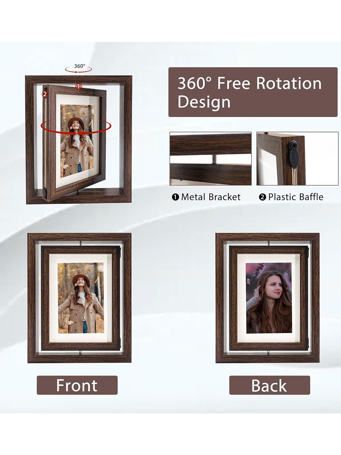 Brown Rotating Floating Double-Sided Glass for Tabletop Display Picture Frame Set of 2