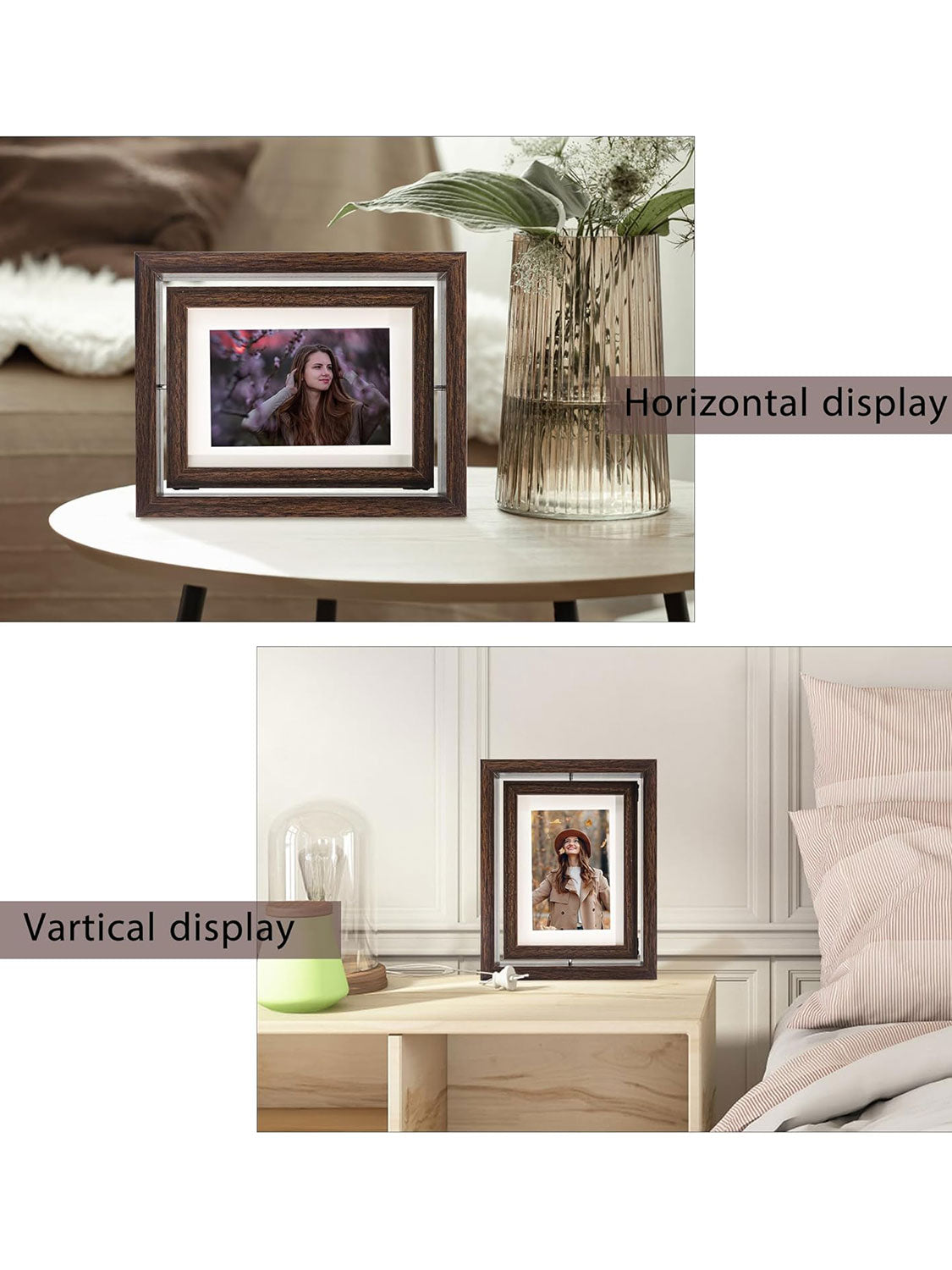 Brown Rotating Floating Double-Sided Glass for Tabletop Display Picture Frame Set of 2