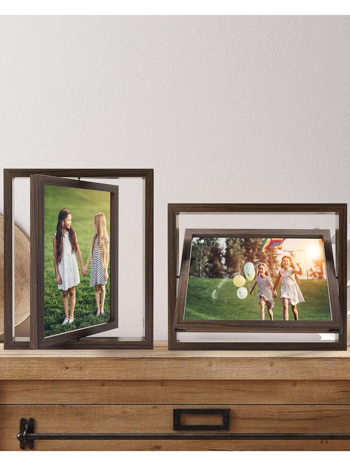 Brown Rotating Floating Double-Sided Glass for Tabletop Display Picture Frame Set of 2