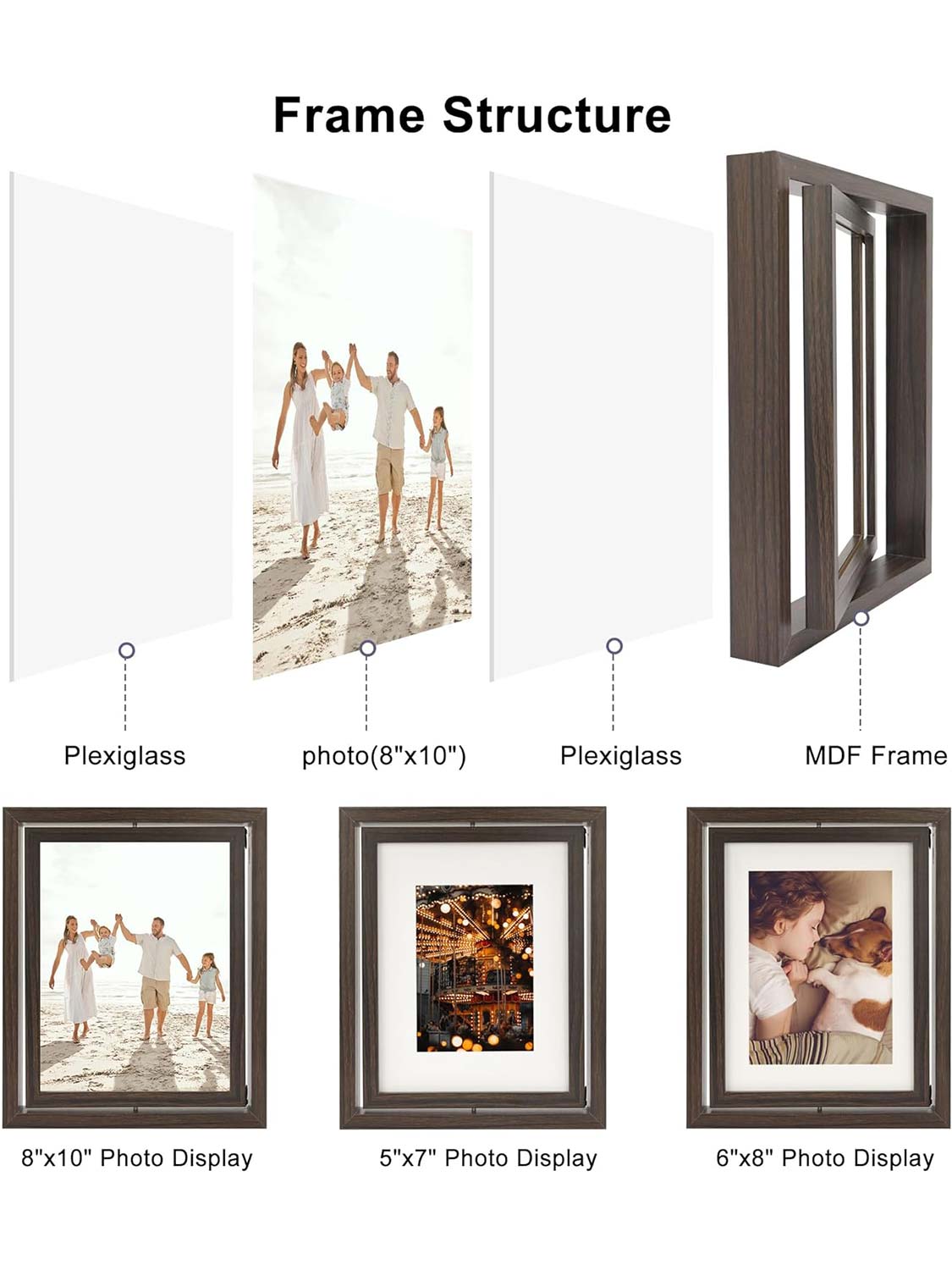 Brown Rotating Floating Double-Sided Glass for Tabletop Display Picture Frame Set of 2